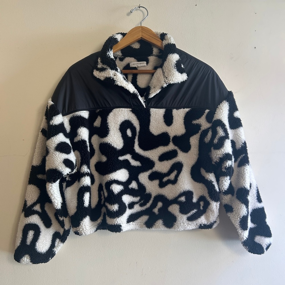 Grayson Threads Cow Print Quarter Snap Fleece Black White Polyester Gorpcore
